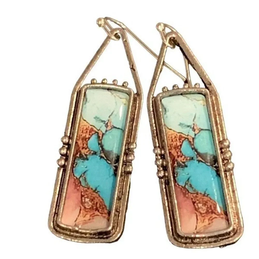 Western Marbled Kingman Style Rectangle Drop Earrings - Turquoise and Brown Colo